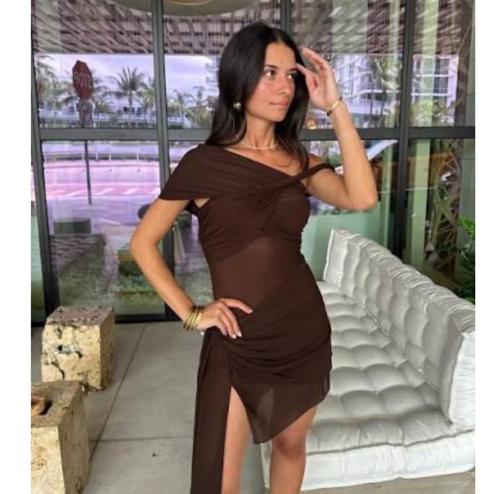 Ronny Kobo Izel Dress in Desert Chocolate Brown Draped Mesh Twist Mini Revolve - Picture 5 of 13